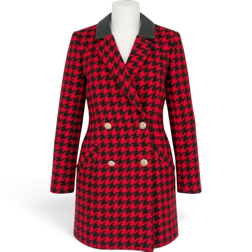 River Island Red Black Houndstooth Double Breasted Blazer Faux Leather US 6